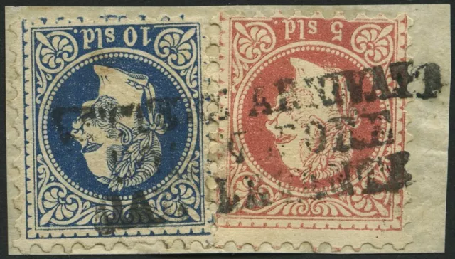 POST IN DER LEVANTE 3II,4I BrfStk, 1878, 5 So. rot, feiner Druck und 10 So. blau