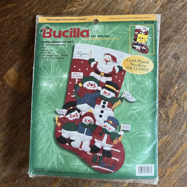 Bucilla Cheerful Snowmen and Santa 2000 aplique de fieltro de 18" kit de medias 84258