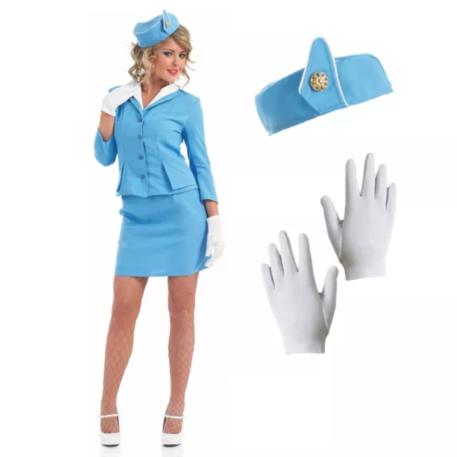 Womens Blue Cabin Crew Costume Ladies Stewardess Air Hostess Fancy Dress S - XXL