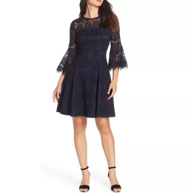 Eliza J Navy Lace Bell Sleeve Fit & Flare Dress Size 0 Petite