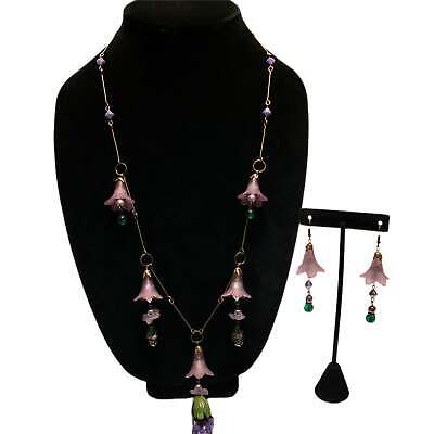 Antique Style Art Nouveau Purple Bell Flower Wedding Cake Bead Necklace Earrings