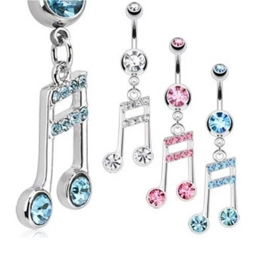 Gem Paved Music Note Belly Navel Ring Dangle Cz Button Piercing Jewelry B707