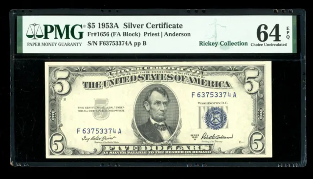 DBR 1953-A $5 Silver Fr. 1656 FA Block PMG 64 EPQ Serial F63753374A