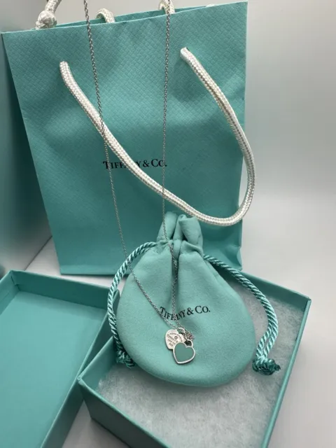 Return To Tiffany & Co Silver Blue Enamel Mini Double Heart Necklace 16"