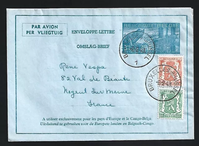 (AOP) Belgium 1948 3,15fr aerogramme First day used France HG #FG1A