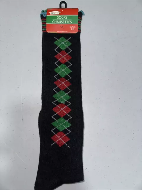 Funky Red Green BLACK GLITTER ARGYLE KNEE SOCKS Lolita Winter Holiday Christmas