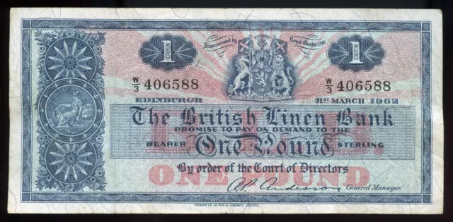 SCOTLAND BRITISH LINEN BANK ONE POUND  BANKNOTE 31st March 1962 Prefix W3