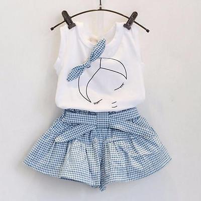 2 pcs Kids Girls Cute Bow Girl Shirt Top Blouse+Grid Shorts Pants Set Clothing