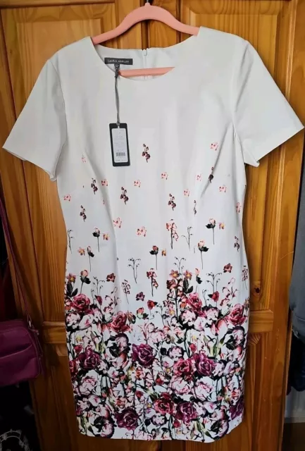 💋LAURA ASHLEY STUNNING White Floral Lined COTTON Summer Dress Size14 ...