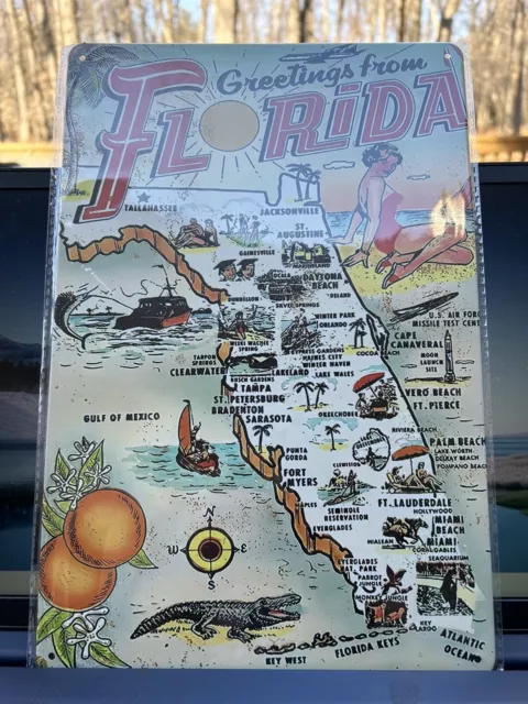 Vintage Inspired Retro Vintage Tin Sign #64 Florida Map Postcard Image Cities