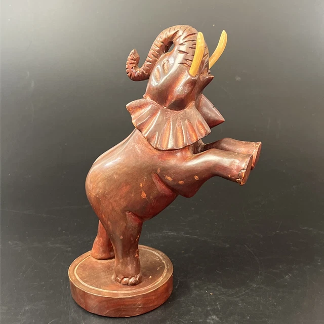 Vintage Hand Carved Wooden Elephant Lucky Statue Figurine Sculpture Decor 11"