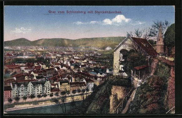 AK Graz, Teilansicht vom Schlossberg mit Starckehäuschen 1922