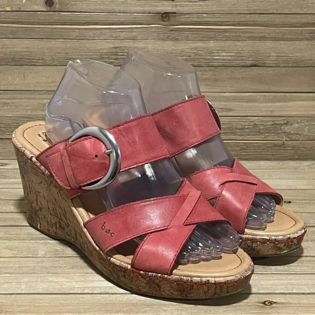 Womens BOC Born Concept Red Leather Floral Cork Slip On Sandals Wedges Size 10 M