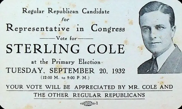 Sterling Cole Casa Di Representatives 1932 Voter Scheda Upstate New York Gop