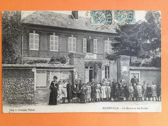 Superbe Carte Postale Ancienne 1900 RICHEVILLE Eure LA MAIRIE, ÉCOLE Animés