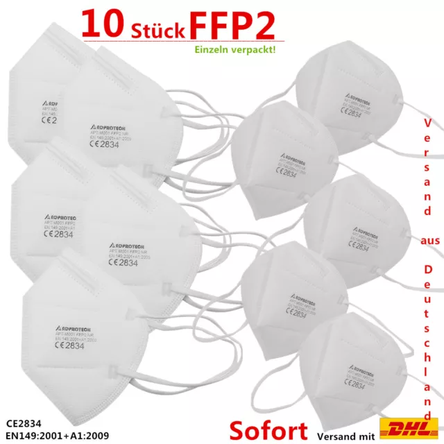 10 Stück FFP2 Schutz Maske Mundschutz 5-lagig Weiß CE zertifiziert Atemschutz