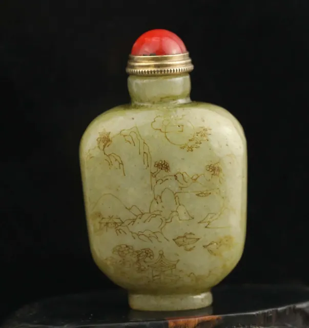 Old Natural hetian Jade Hand-Carved  landscape ancient Chinese snuff bottle #48