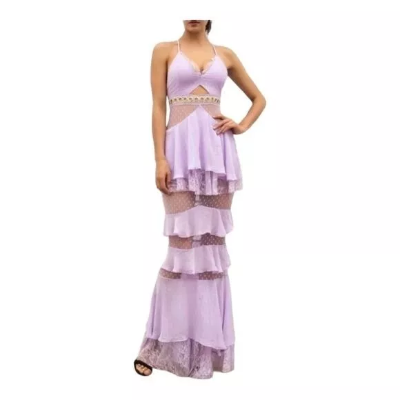 Love & Lemonade Valerie Layered Tier Lace Mermaid Maxi Dress Lavander