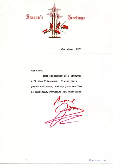 original signed JOAN CRAWFORD seasons greetings letter 1973