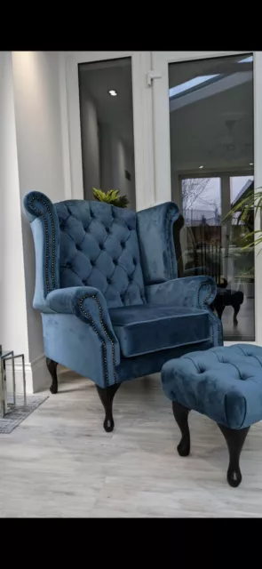 Luxury UK Handmade Suede Chesterfield Armchair + Matching Footstool BLUE NEW