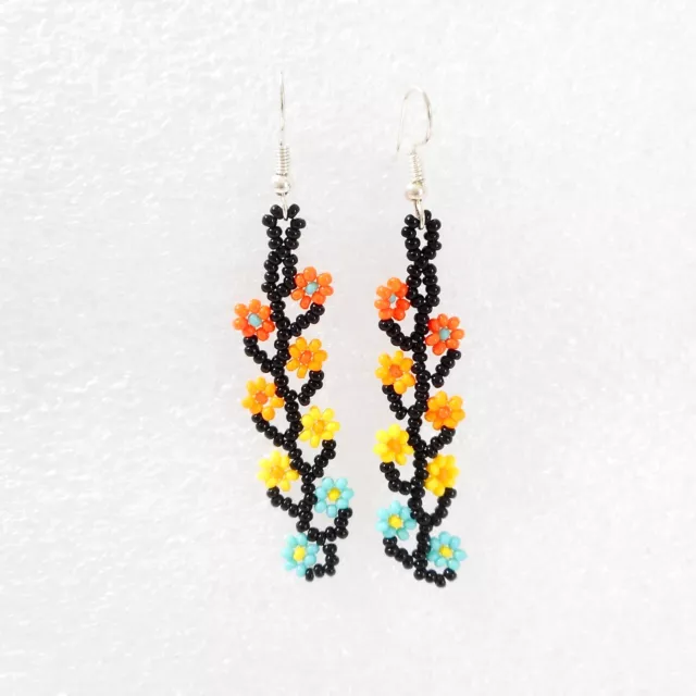 Huichol Beaded Earrings Flowers Mexican Ethnic Handmade Folk Art Jewelry
