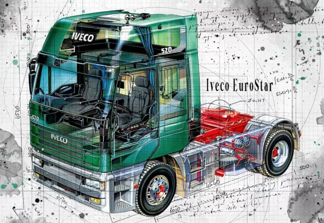 Line Tech Drawing  Iveco EuroStar   Cutaway Art Poster Print