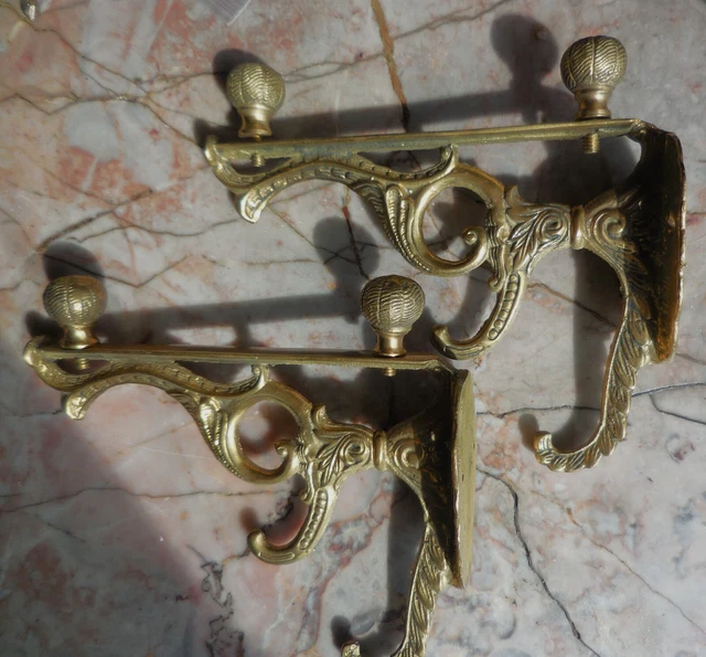 Pair of Ornate Brass Shelf Brackets with Hooks, Victorian Style w/screws Unused