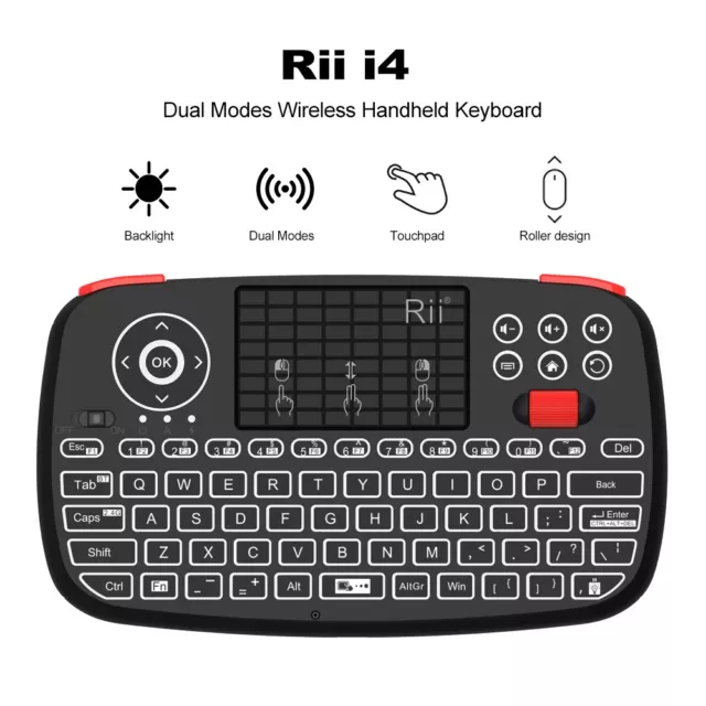 Rii i4 Mini Wireless + Bluetooth Keyboard with Touchpad, Blacklit Portable