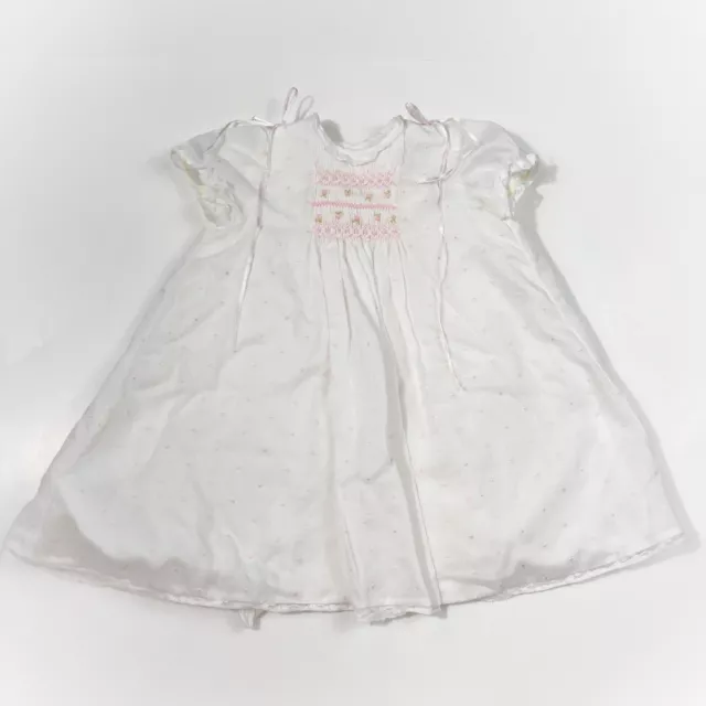 Luli & Me White Floral Embroidered Smocked Puff Sleeve Pink Polka Dot Baby Dress