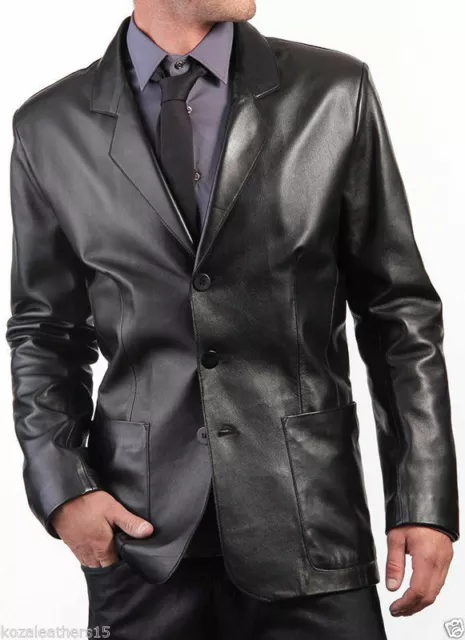 Chaqueta Piel Abrigo Hombre Negro Corte Slim Genuino de Cordero Tres Abotonado