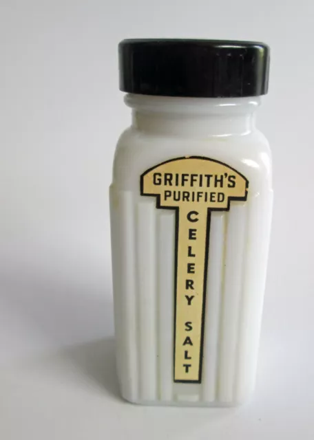 Vintage Griffith's Purified Milk Glass Spice Bottle Jar Black Lid Celery Salt