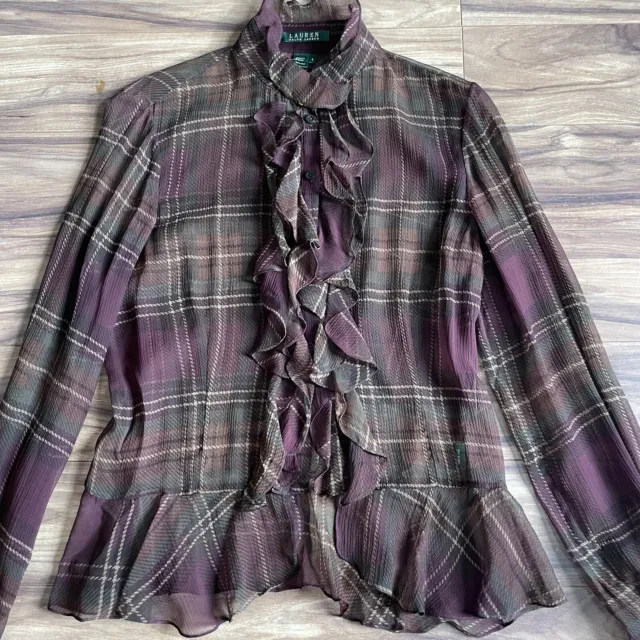 LAUREN RALPH LAUREN Shirt Womens 8 Plaid Sheer 100% Silk Ruffle Blouse ...