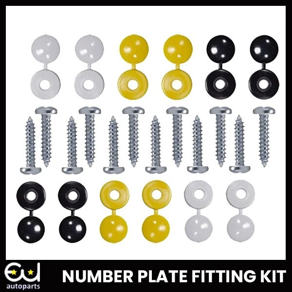 12 X NUMBER PLATE CAR FIXING FITTING KIT SCREWS & CAPS HINGED BLACK