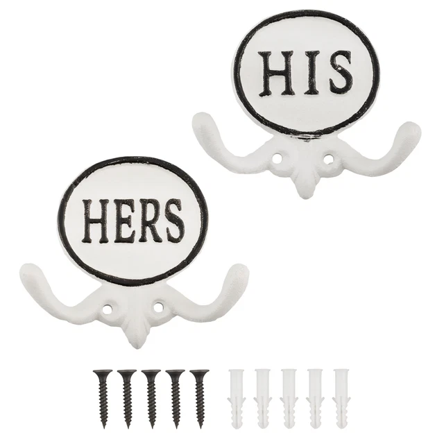 Cast Iron His/Hers Towel Hooks Set of 2,  White Rustic Farmhouse Decor
