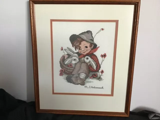 Completed Framed Hummel Cross Stitch Picture - Boy with Rabbits. 34 x 39 cm