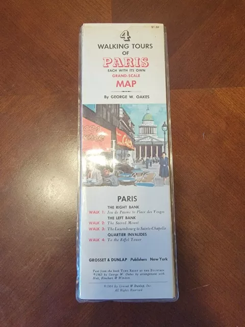 Walking Tours of Paris Grand Scale Maps 1964 Vtg George Oakes w/ Plastic Sleeve