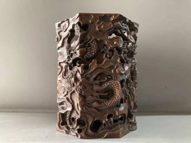 Chinese Old Bamboo Carved Exquisite Dragon Statue Brush Pot Office Supplies Art