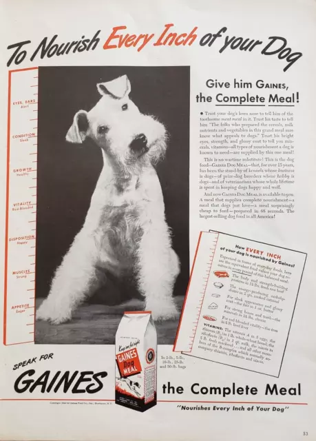 1944 Gaines Dog Food The Complete Meal Wire Fox Terrier WWII Print Ad