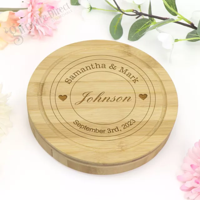 Personalised Engraved Round Cheese Board with Utensils Wooden Wedding Gift Bride 2