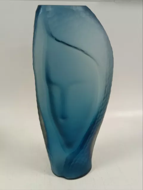 Large Blue Frosted Glass Face Vase Woman Face Tall Decorative 40cm