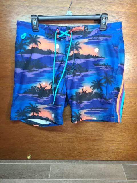 Rainbow Sundek Swimming Trunks Neon Stripe Hawaiian Board Shorts Size 32