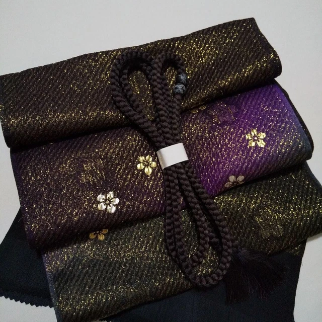 OBIJIME & OBIAGE Set Silk Black Purple Gold Thread Foil Japanese Kimono Houmongi