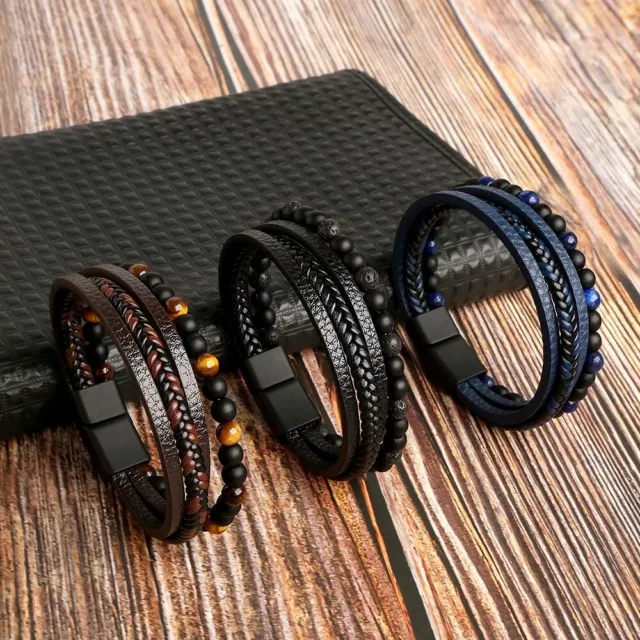 Mens Real Leather Bracelet Braided Wristband Bangle Punk Beaded Surfer Wrap Gift