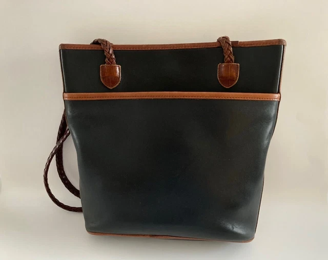 Brighton Leather Handbag Purse Tote Croc Embossed Black Brown Bucket Bag 2