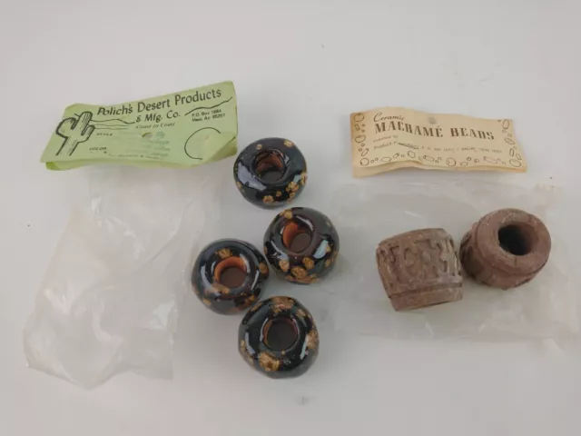 6 Vintage Large Boho Brown Speckled Pottery Ceramic Macrame Beads Retro Unique