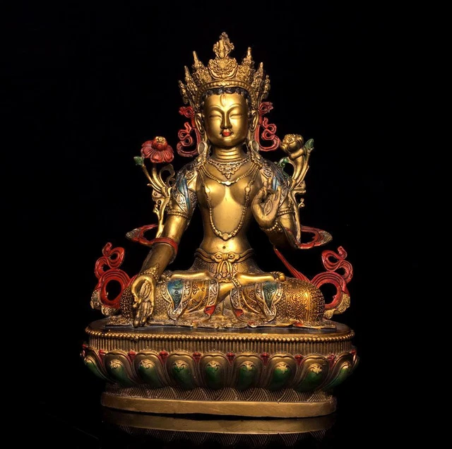 30CM Old Chinese Bronze Color Gilding Statue Buddha Q685