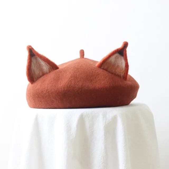 Cute Fox Ear Beret Casual Warm Painter Hat Handmade Beret Honey color C8B7