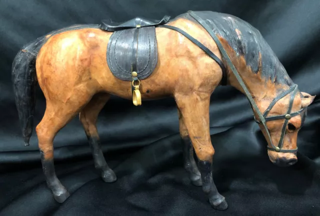 Vtg Leather Wrapped Grazing Horse glass eyes Brown Statue 9" Tx13 1/2" Long