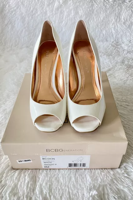 BCBGeneration White Patent Peep Toe Dress Pump 4 Inches Heels Shoes Size 6M NIB