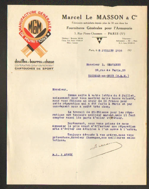 Facture Ancienne 1911 - Usine D'accessoires De Chasse Lepage Frères / Piot, Paris Xe